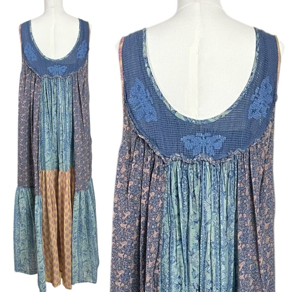 Free People Bohemian 70s Patchwork Hippie Lost Palms Craft Maxi Dress Medium - Picture 10 of 17